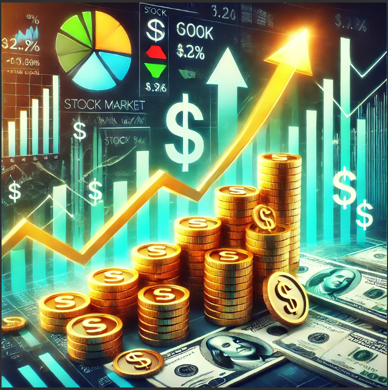 "Image representing stock market wealth with a bullish stock chart, stacks of coins or gold bars, and upward-moving arrows. The background features financial symbols like dollar signs, stock tickers, and graphs, using vibrant green and gold colors to symbolize growth, success, and prosperity."