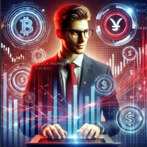 Futuristic image of a male student learning about stock market investing, surrounded by holographic stock market graphs and currency symbols with red and blue tones.