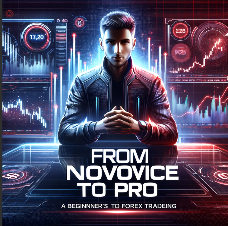 Futuristic and highly realistic image featuring a confident trader in a high-tech environment with holographic Forex charts and currency symbols, set against a dynamic red and blue background, with the title 'From Novice to Pro' prominently displayed