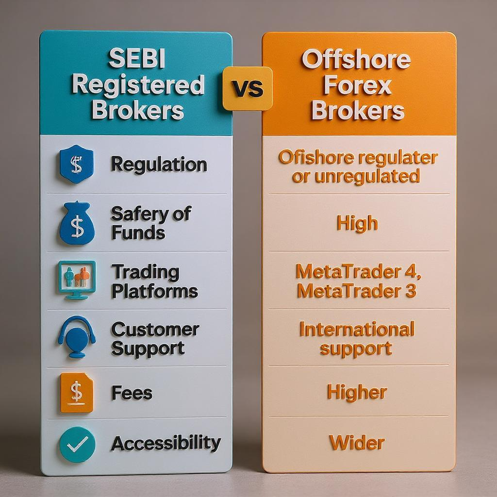 Comparison chart showing SEBI registered brokers and offshore forex brokers for Indian traders